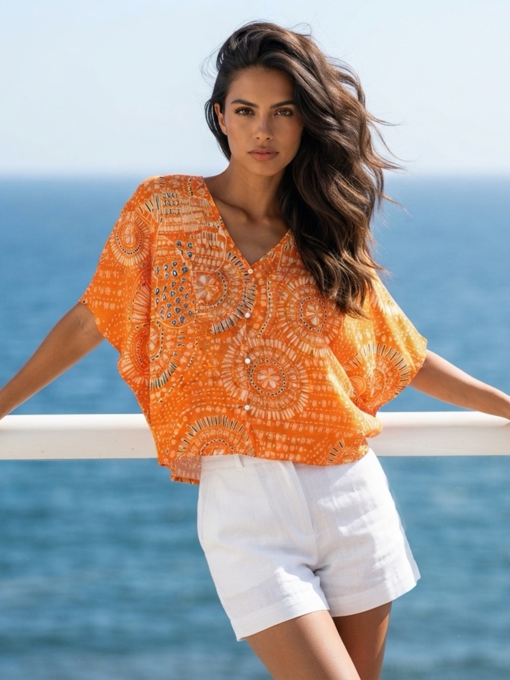 Orange Printed V-Neck Short Sleeve Blouse